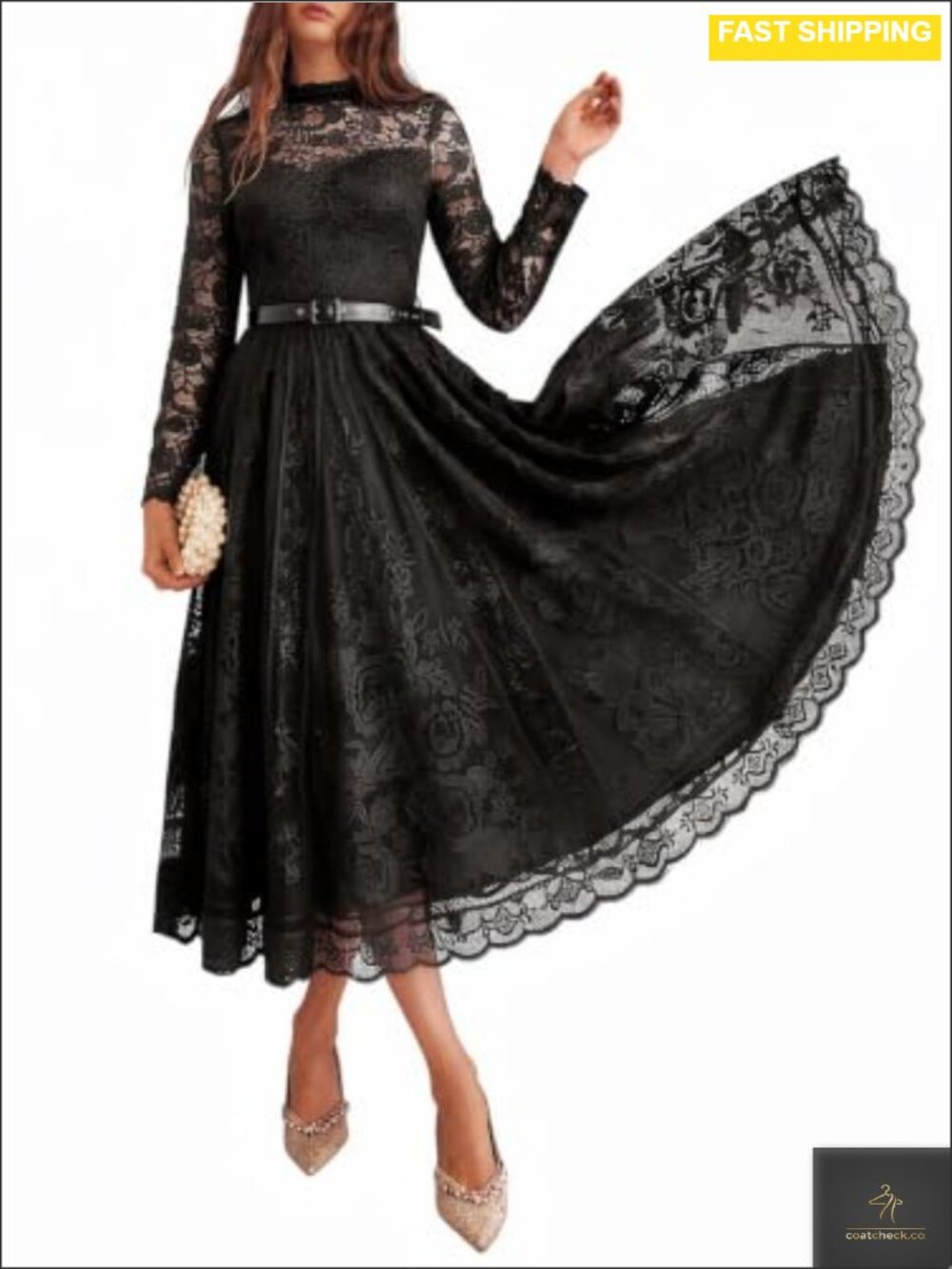 Women's Long Sleeve Lace A-Line Midi Dress Formal Wedding Guest